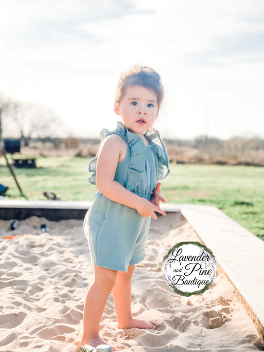 Teal ruffle linen romper