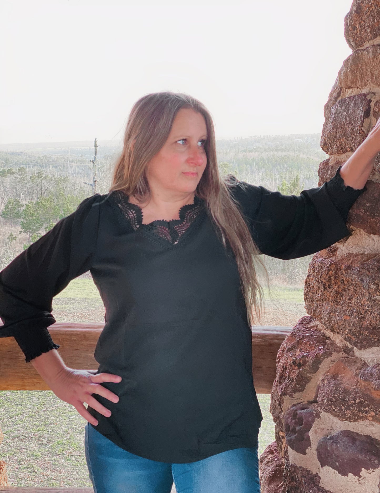 V Neck Lace Patchwork Black Blouse