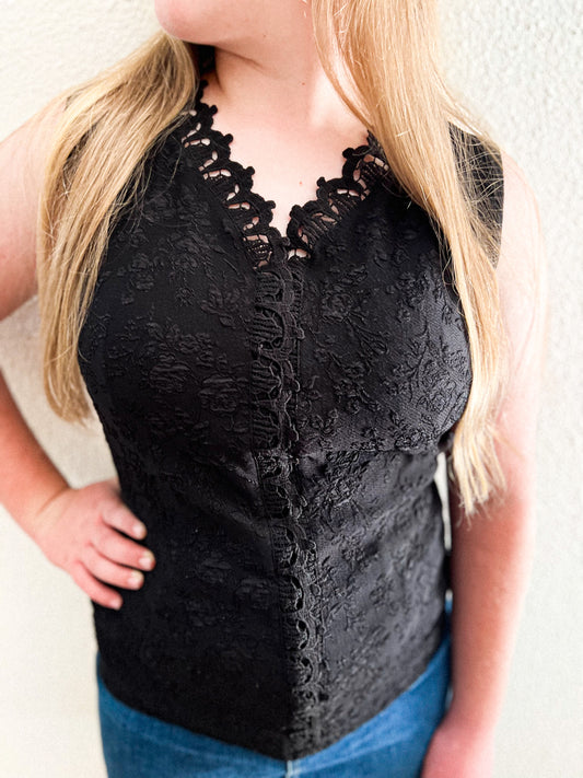 Black Scalloped V Neck Tank