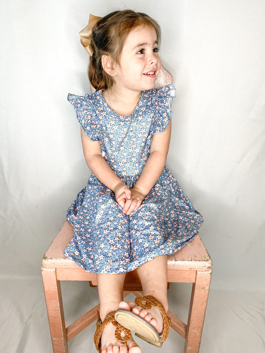 Blue Floral Ruffle Sleeve Dress