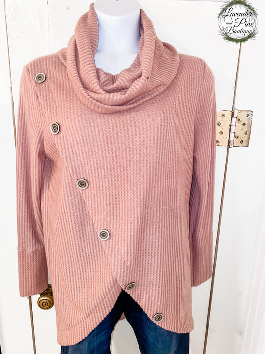 Plus Size- Turtleneck Mauve Button Sweater