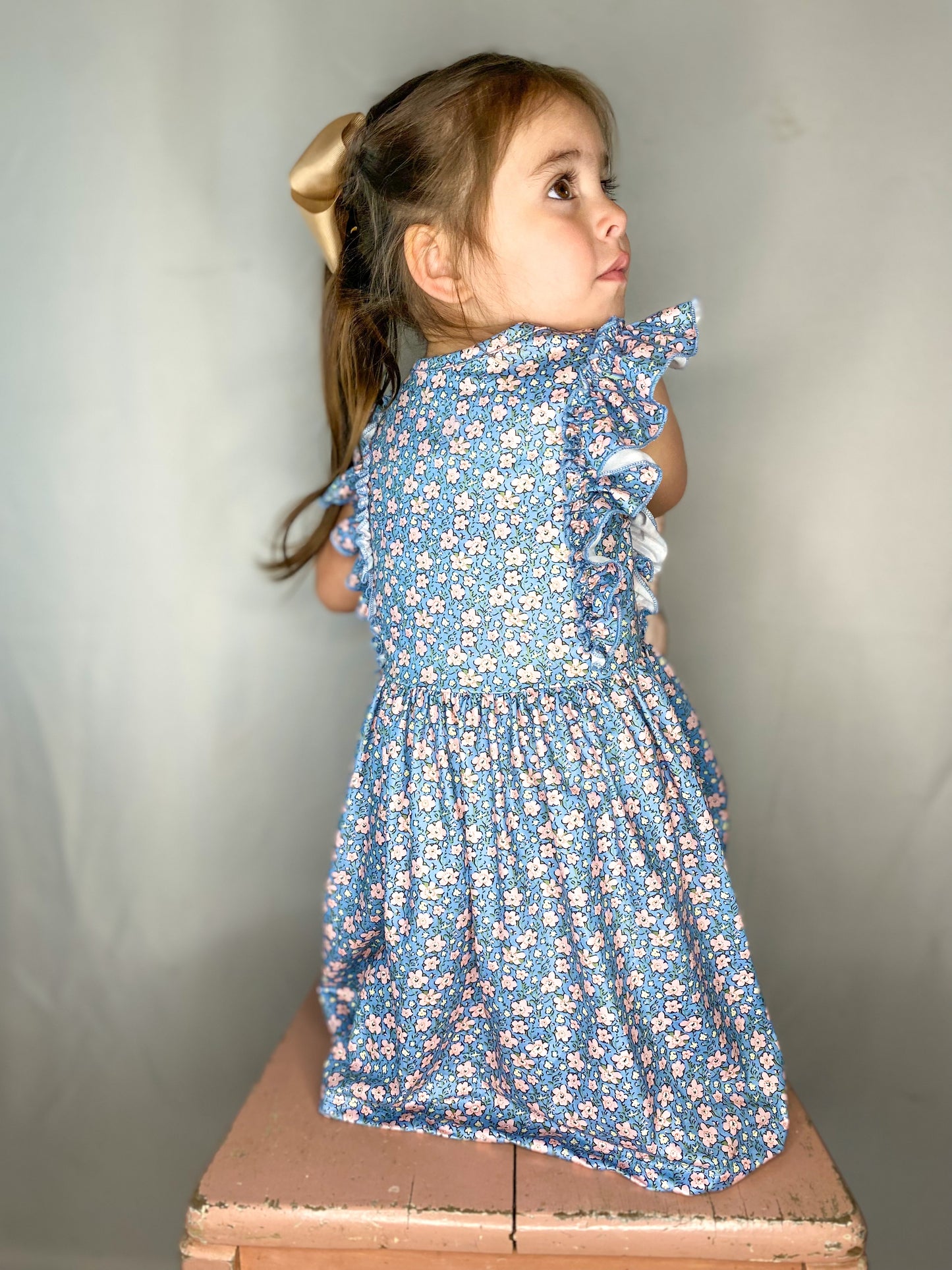 Blue Floral Ruffle Sleeve Dress
