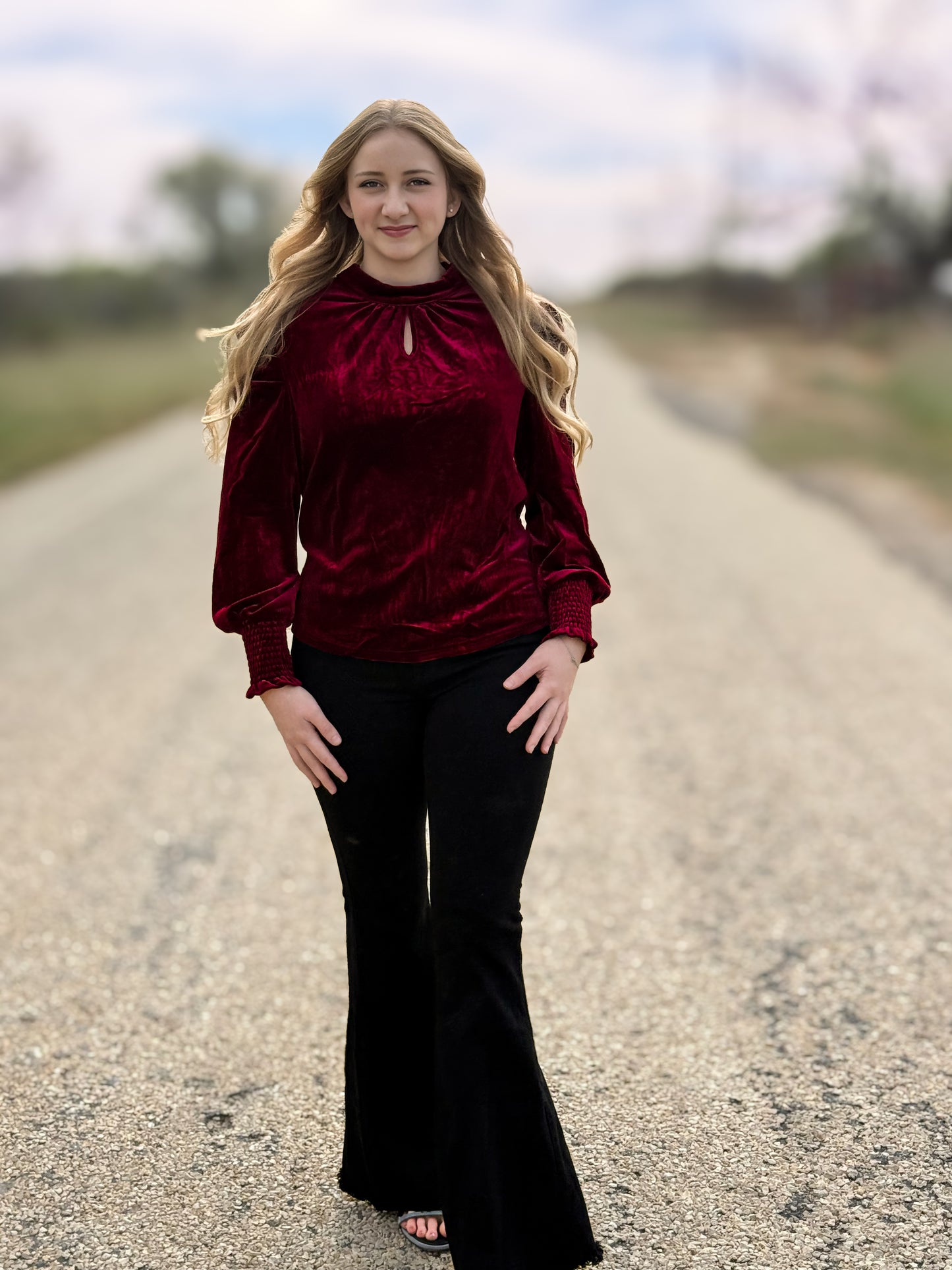 Mock Neck Puff Sleeve Velvet Blouse