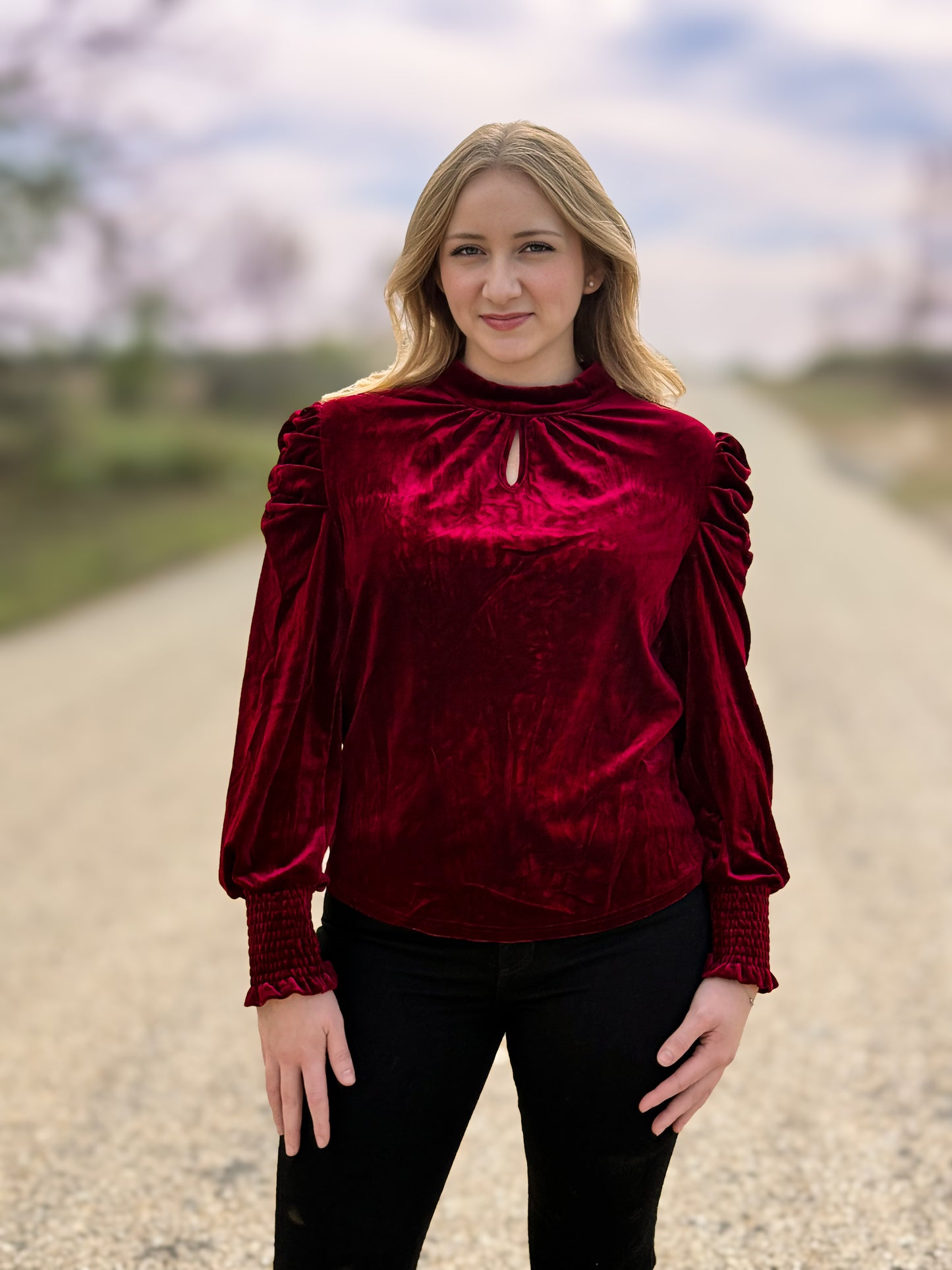 Mock Neck Puff Sleeve Velvet Blouse