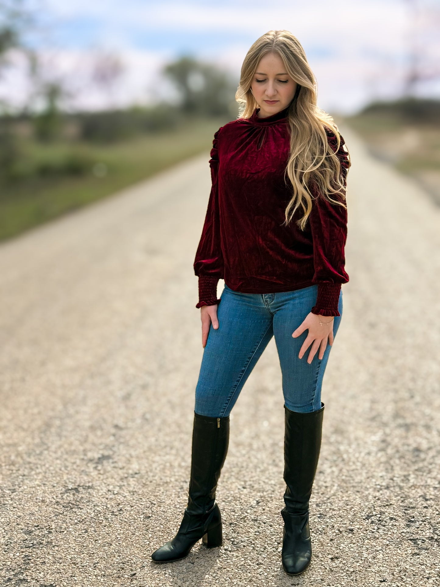 Mock Neck Puff Sleeve Velvet Blouse