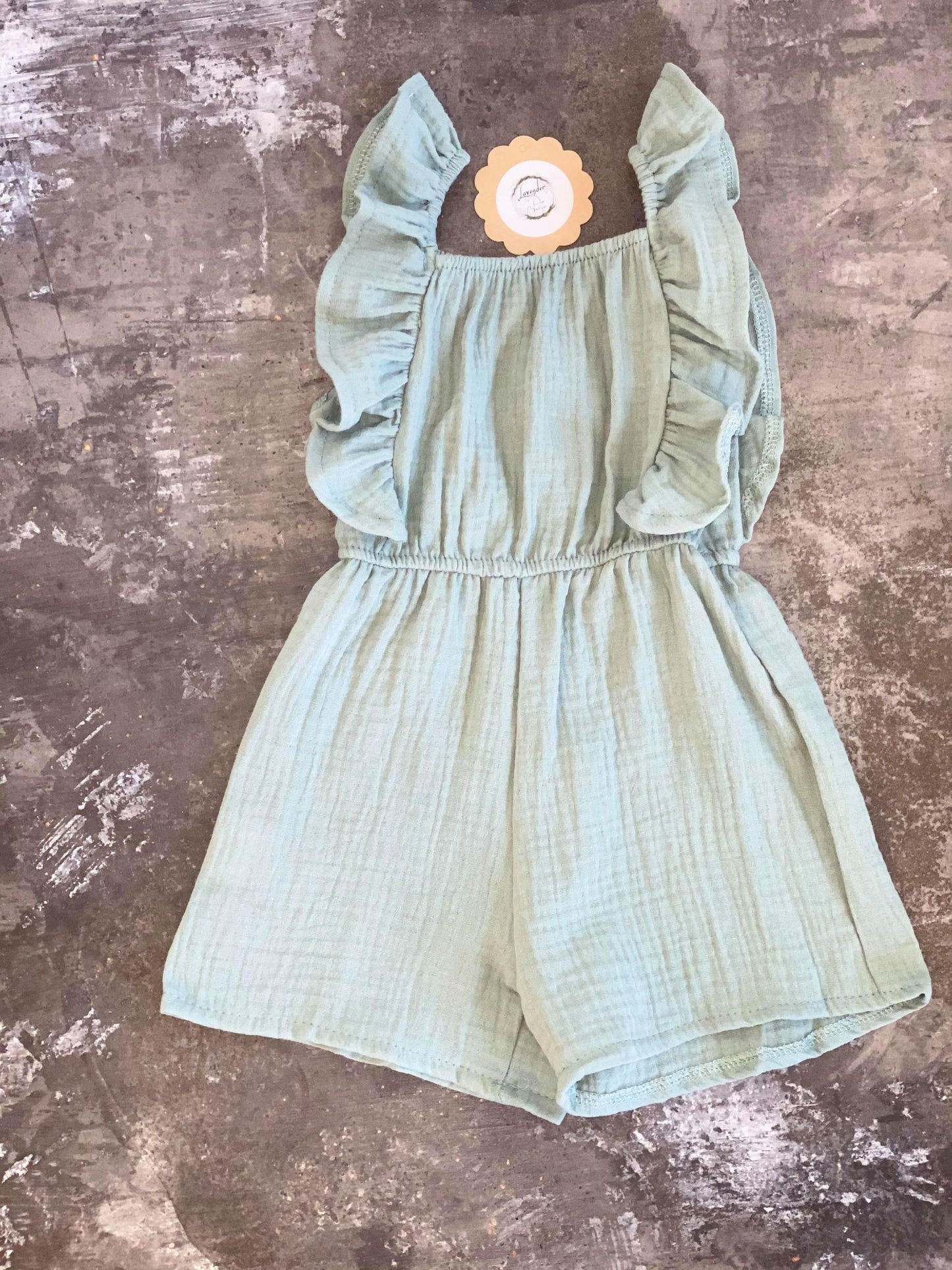 Teal ruffle linen romper